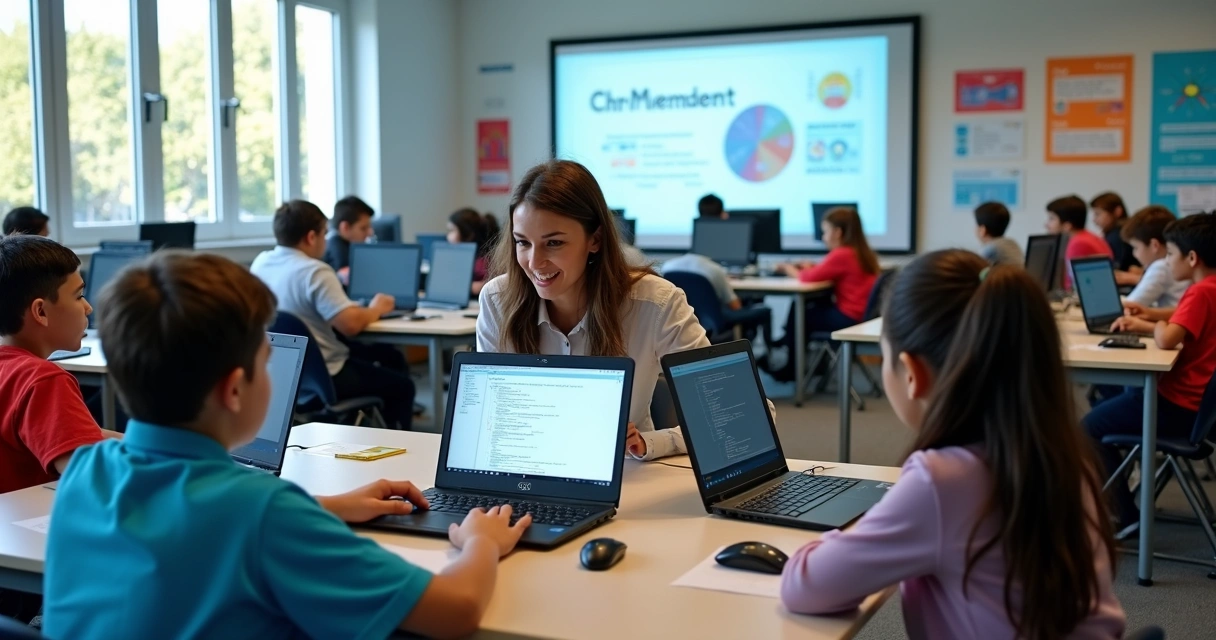 Sala de aula com alunos usando computadores em laboratório escolar moderno 