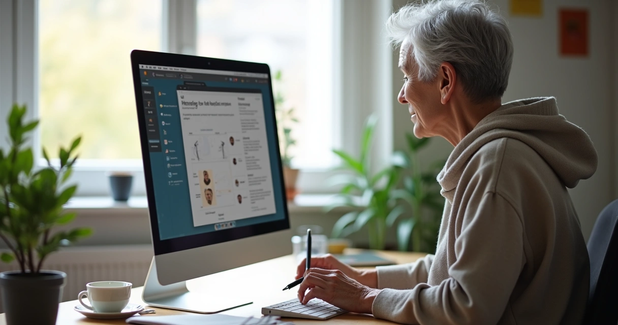 Pessoa de cabelo grisalho aprendendo no computador com caderno ao lado 