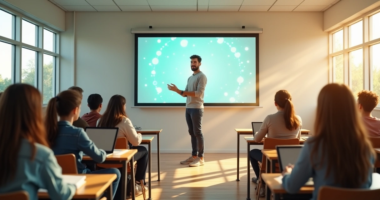 Docente guiando a estudiantes en un aula moderna con elementos de luz y conexión 