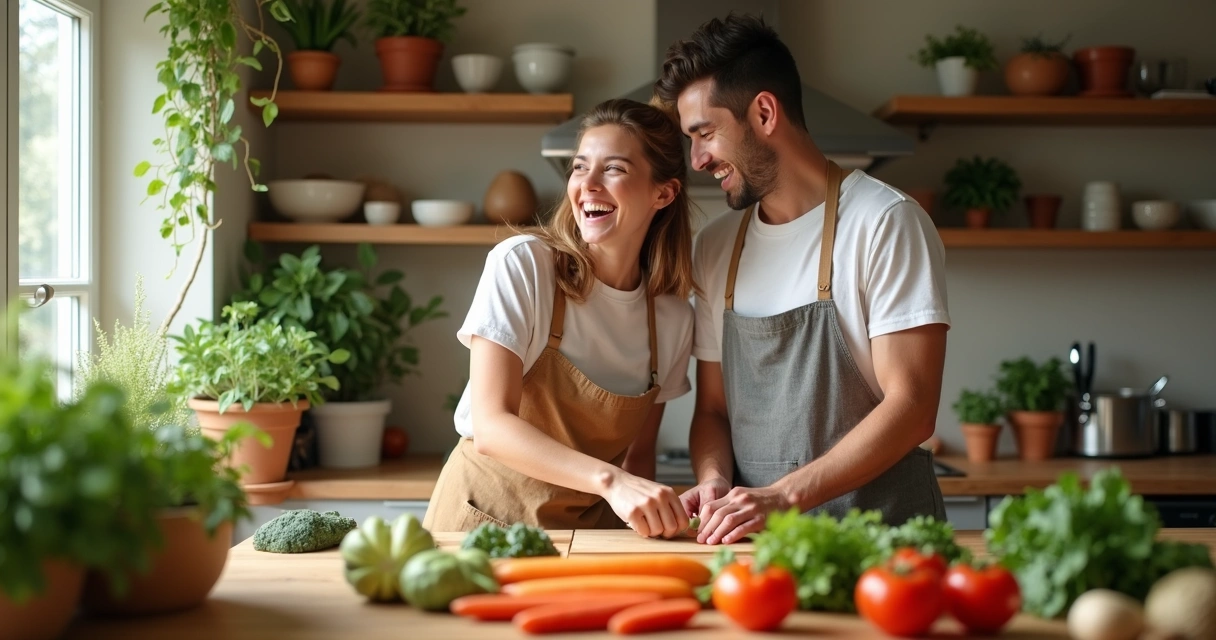 Casal cozinhando juntos em cozinha aconchegante, rindo enquanto cortam vegetais 