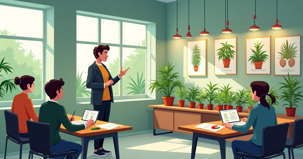 Instrutor mostrando técnicas de plantio de cannabis para alunos em sala de aula 