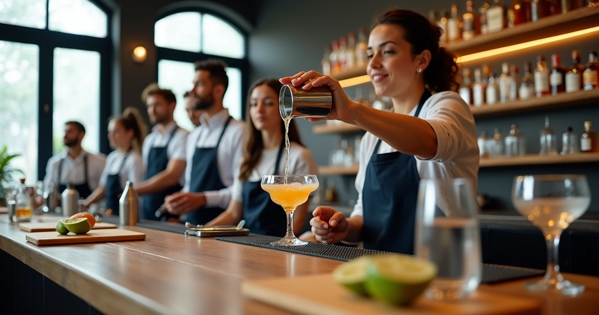 Turma em curso de bartender observando instrutor em São Paulo 