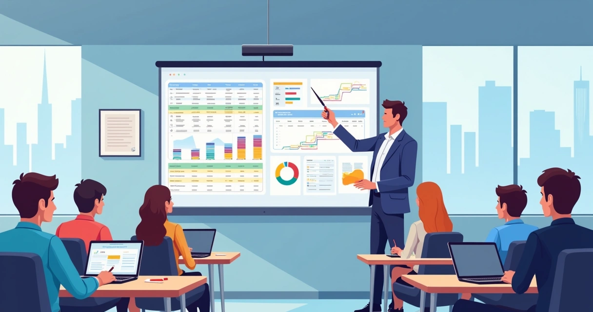 Instrutor ensinando Excel avançado em sala de aula com alunos atentos