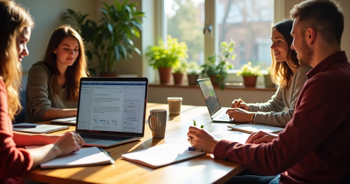 Alunos assistindo aula online de redação para SEO em laptops 