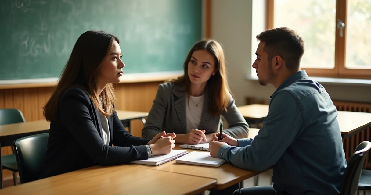 Docente y orientador conversando con estudiante en aula vacía