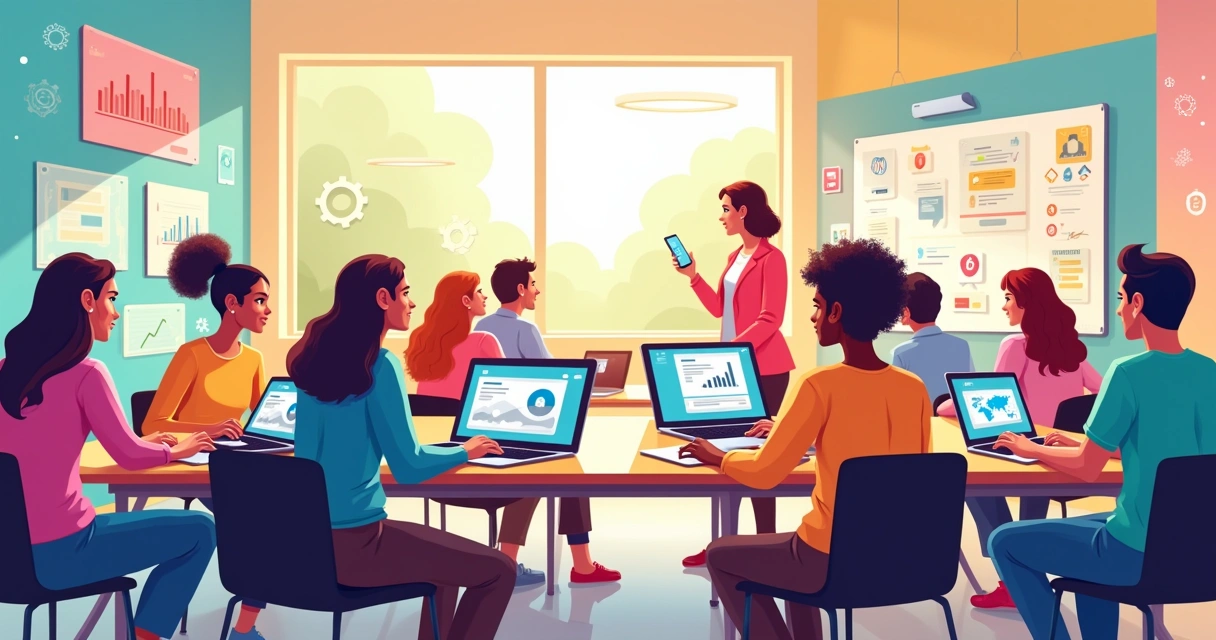 Educadores reunidos em uma sala de aula digital, colaborando em aplicativos nocode, com gráficos e ferramentas educacionais.