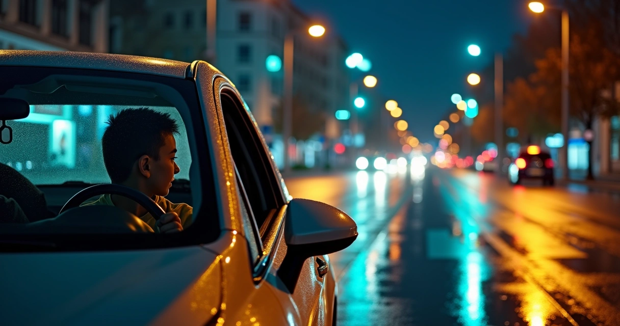 Instrutor e aluno em aula de direção noturna em rua iluminada 