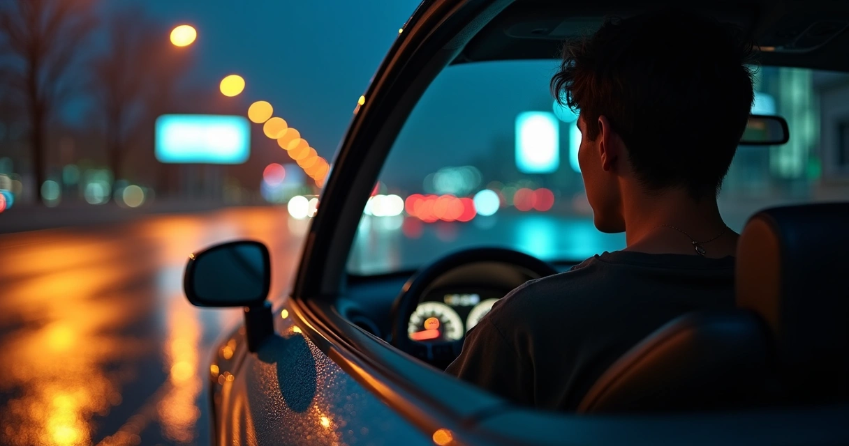 Motorista iniciante com instrutor em aula noturna 