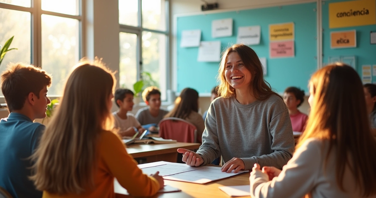 Grupo escolar diverso en aula, dialogando y trabajando valores
