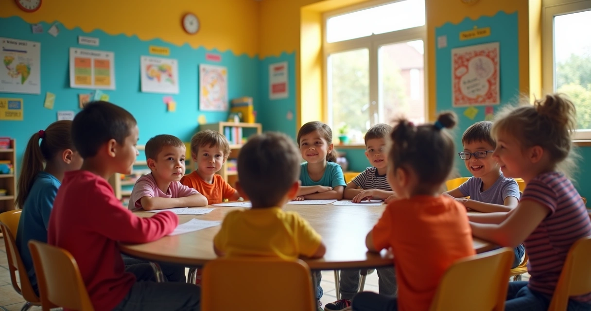 Estudiantes de diferentes edades y orígenes en un aula participando activamente alrededor de una mesa redonda. 