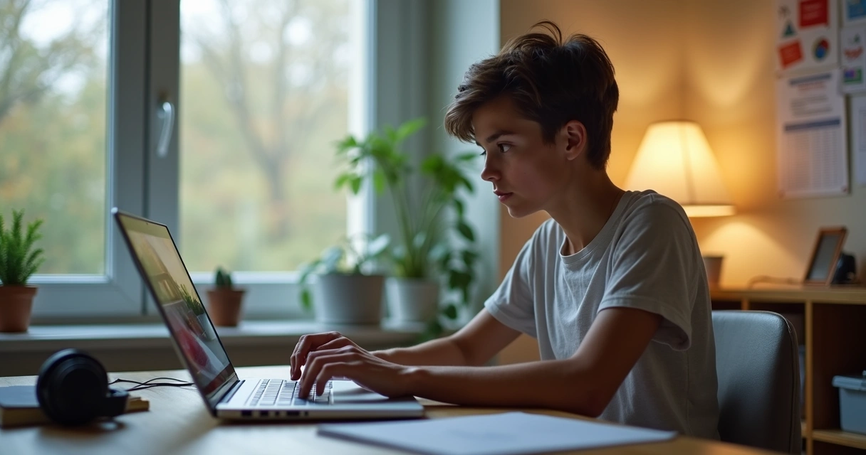 Aluno participa de aula EAD em casa com notebook 