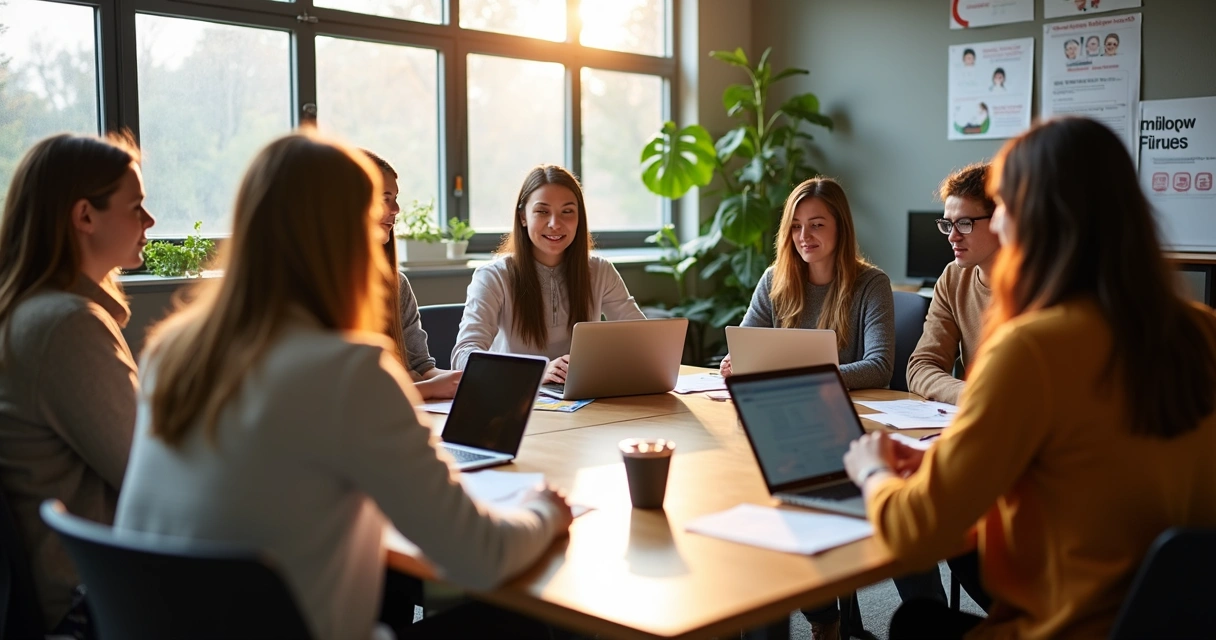 Aula moderna con personas interactuando y tecnología al fondo 
