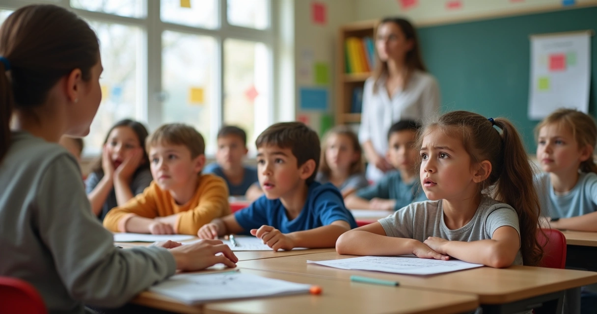 Profesor y estudiantes participando en una clase con emociones diversas 