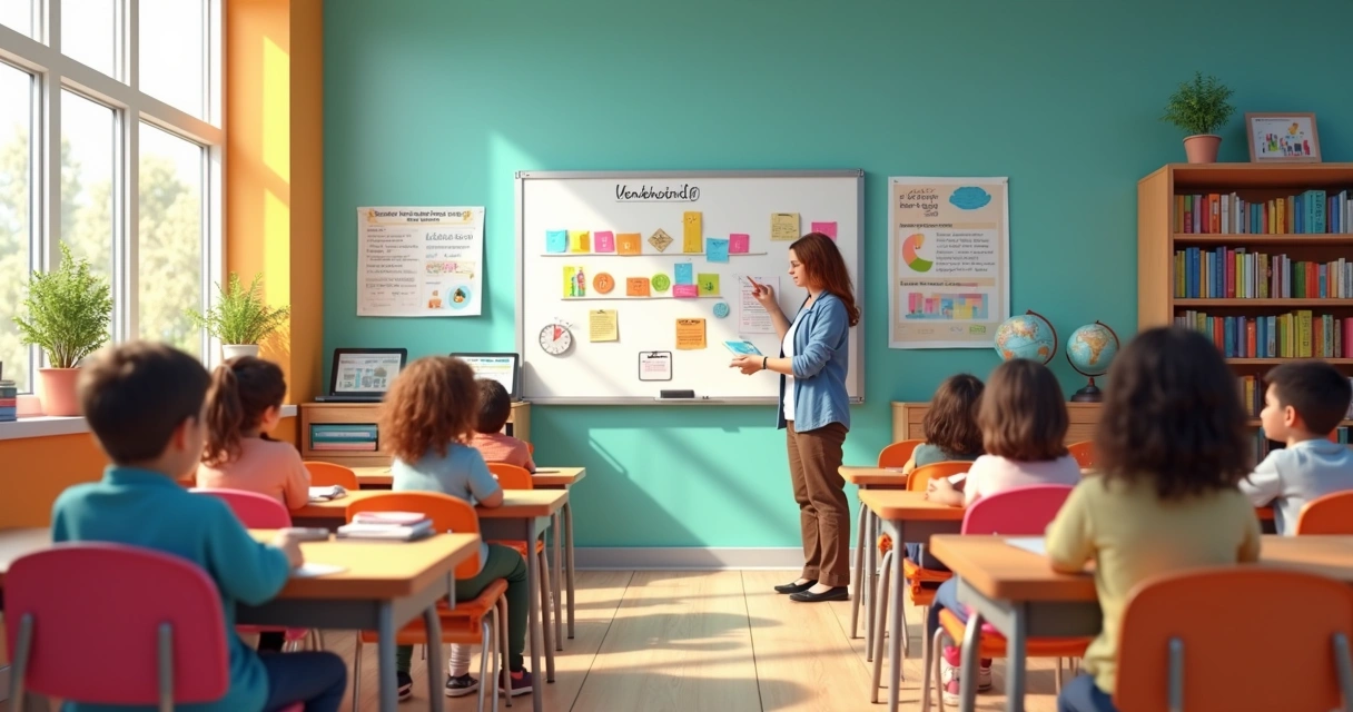 Sala de aula do ensino fundamental com crianças aprendendo em grupo, professor explicando no quadro, ambiente iluminado e moderno 
