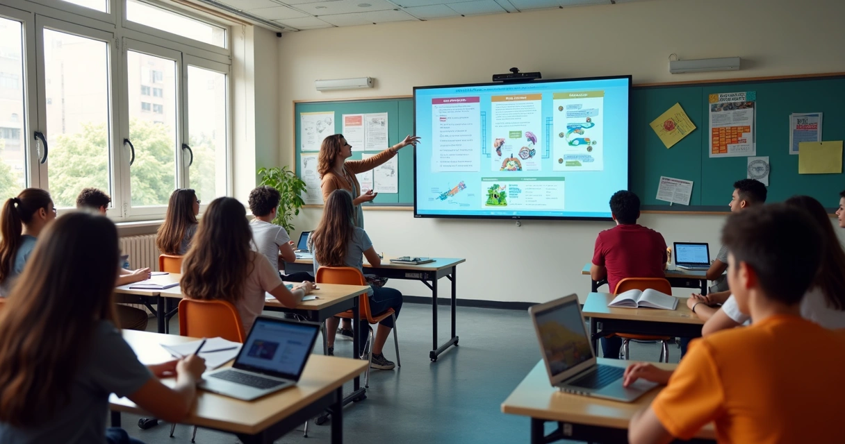 Sala de aula moderna com estudantes atentos e professora interagindo com quadro digital 