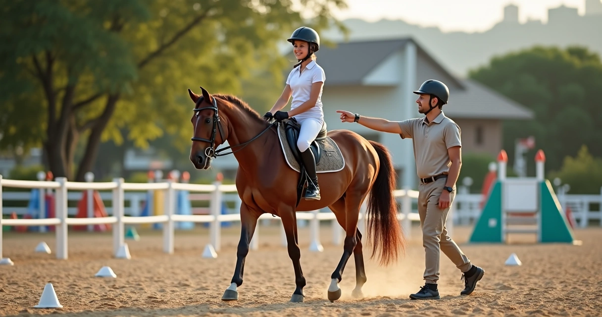Instrutor guiando aluna em aula de equitação em pista moderna ao ar livre 