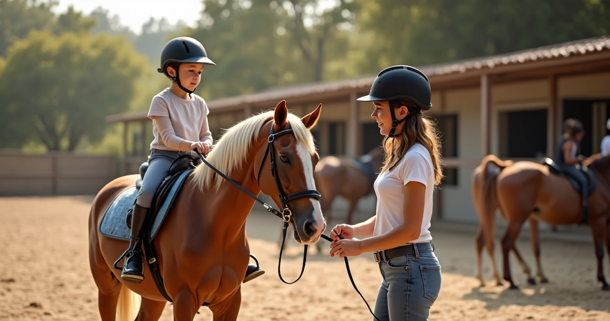Instrutor de equitação orientando criança em cavalo num picadeiro de areia 