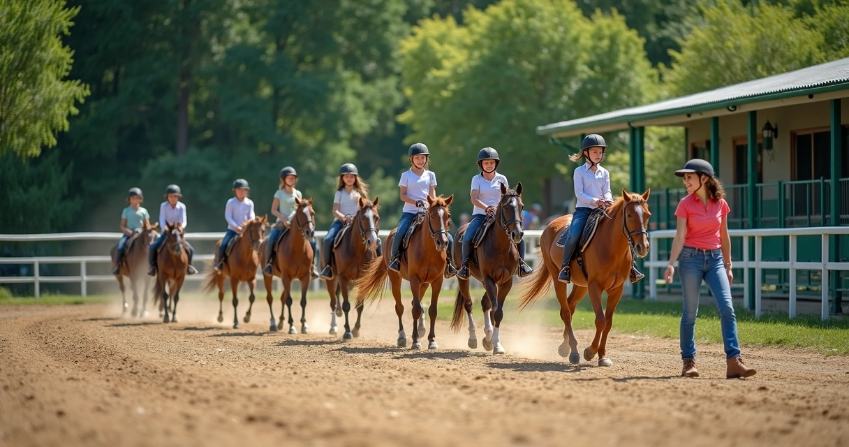 Turma de crianças montando em cavalos em pista de equitação, sob orientação de instrutor 