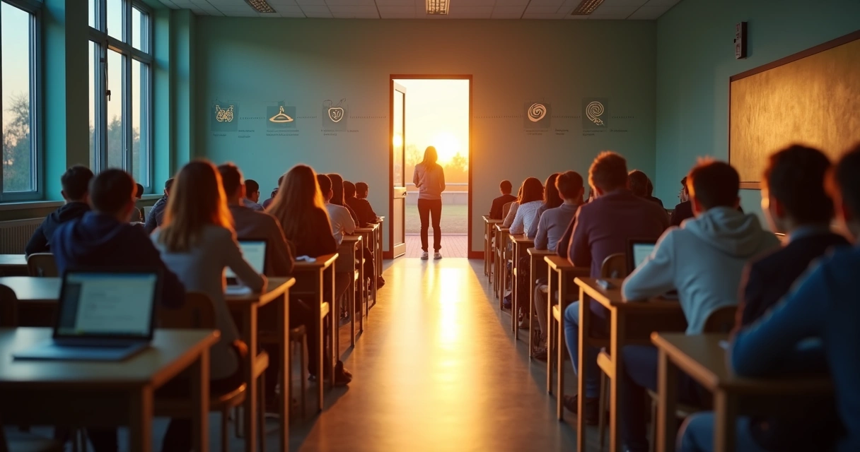 Aula escolar con figuras humanas avanzando por un camino de luz hacia una puerta abierta 