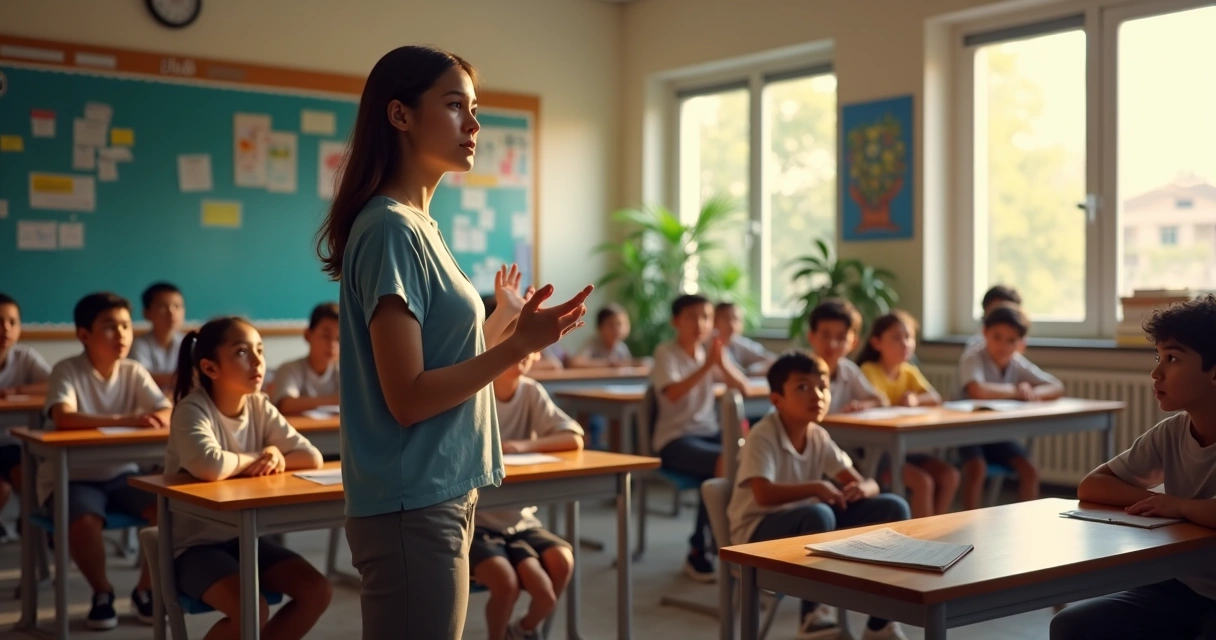 Estudiantes en un aula escuchando y dialogando con la maestra 
