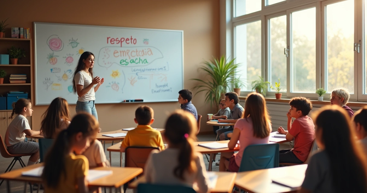 Docente guiando a estudiantes en círculo en una dinámica de educación emocional 