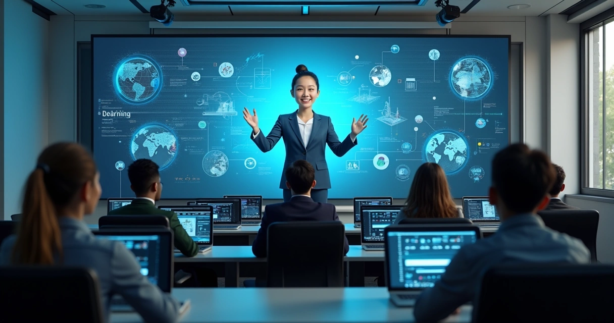 Sala de aula digital com avatar IA explicado a alunos no telão. 