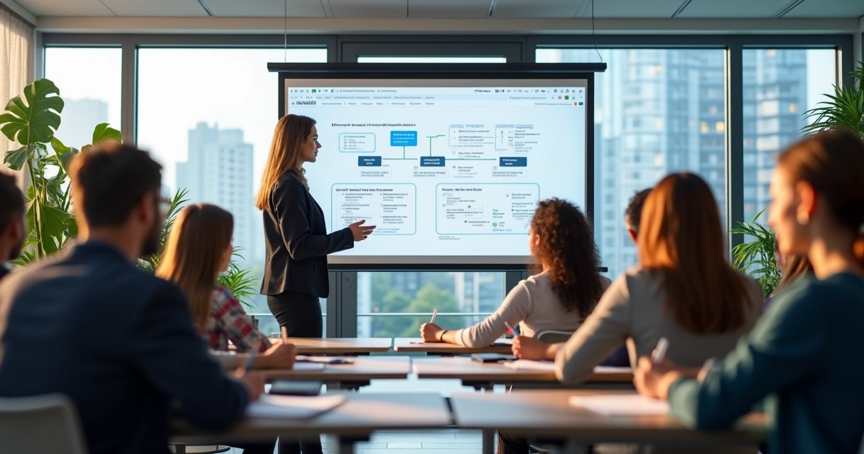 Instrutor de finanças ensinando grupo em sala de aula moderna