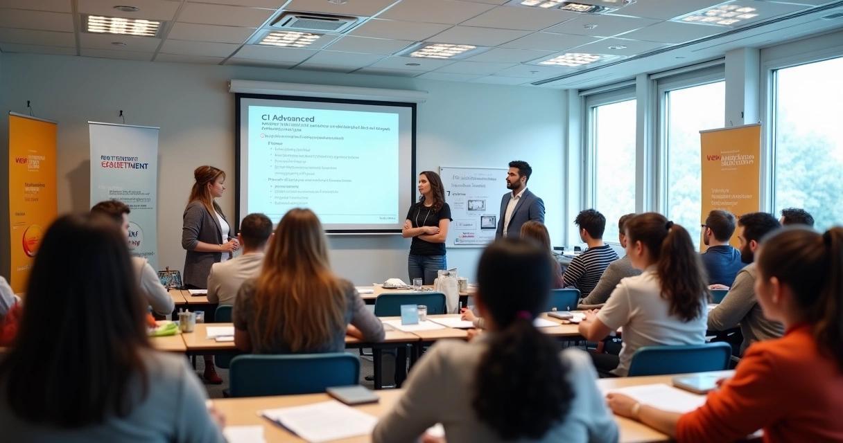 Sala de aula com professores em formação sobre exame Cambridge 