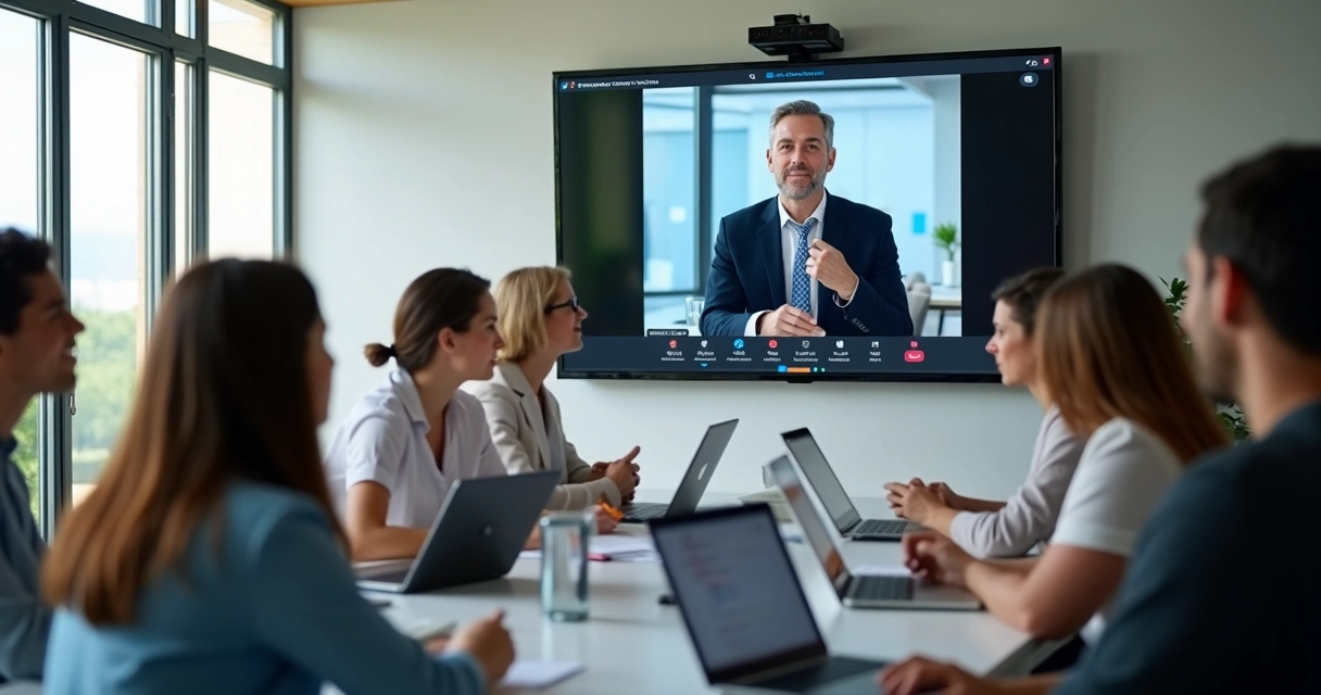 Funcionários participando de aula híbrida ao vivo via videoconferência
