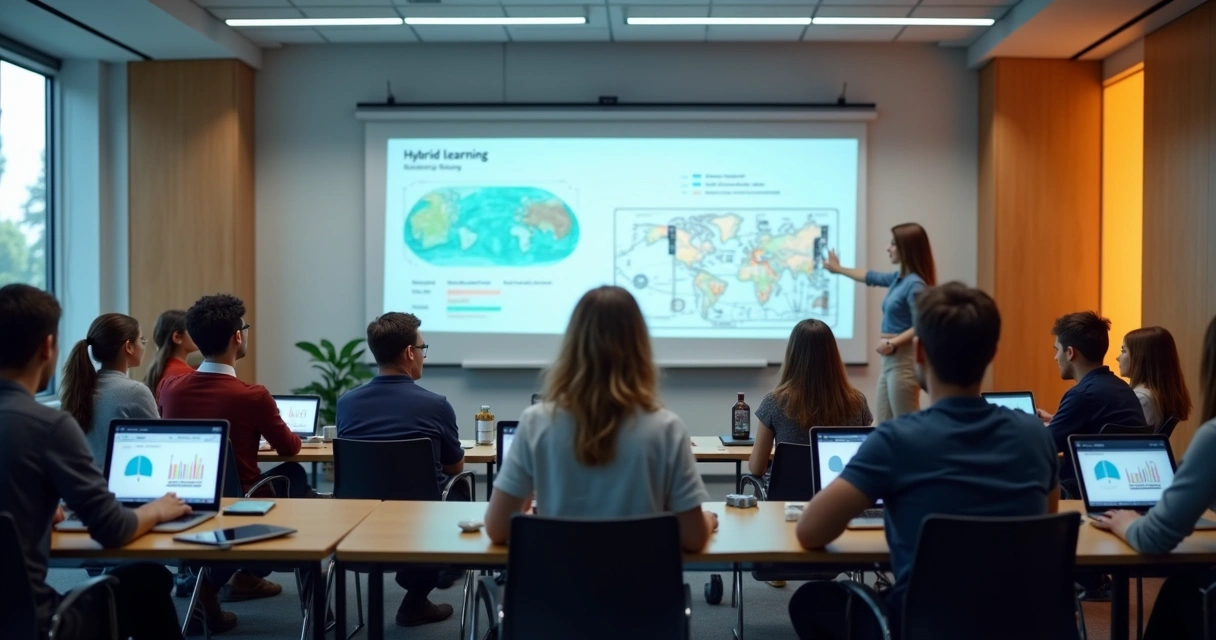 Ambiente de aula híbrida com estudantes e tecnologia moderna 