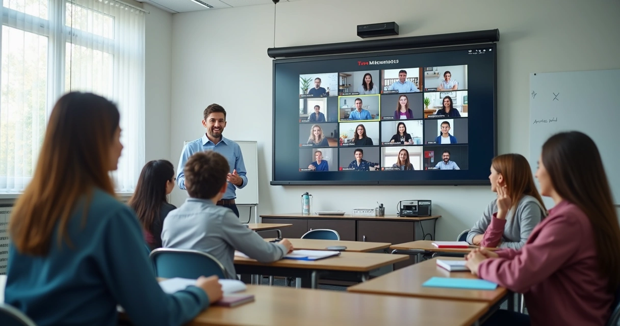 Sala com aula híbrida e tela de videoconferência 