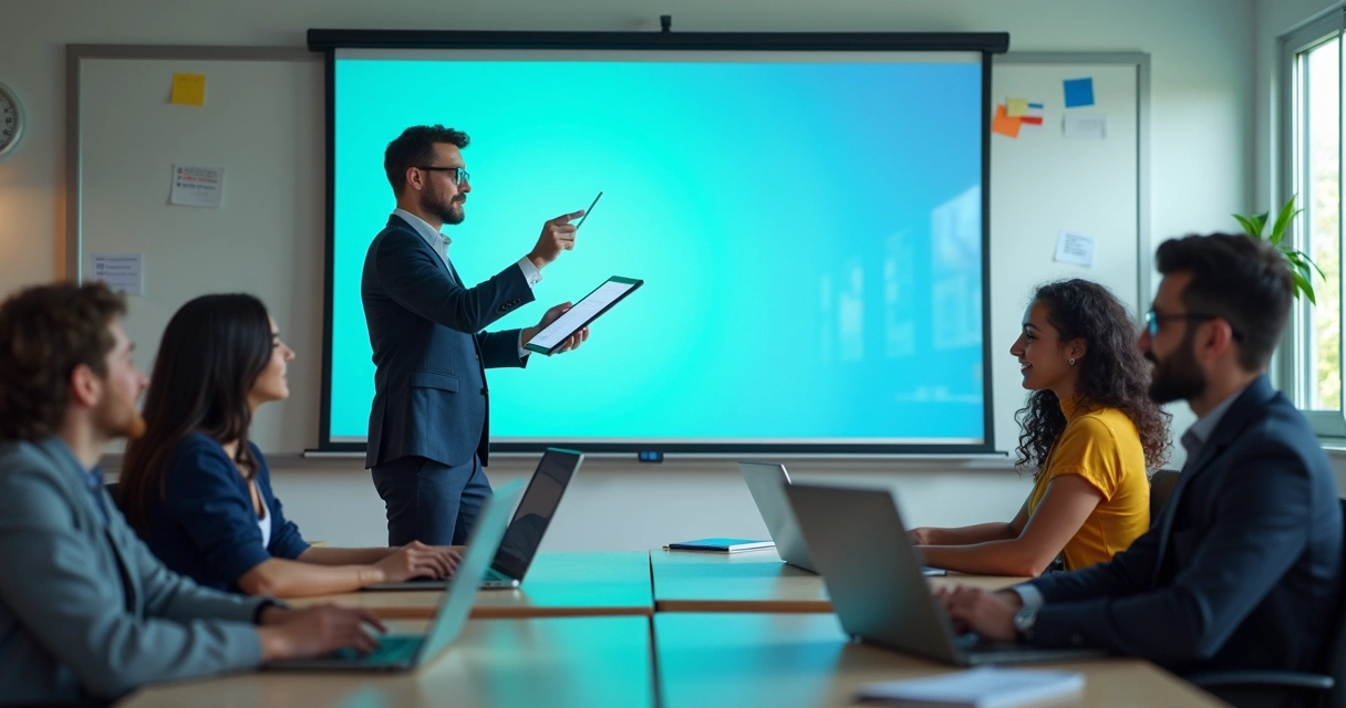 Professora usando tablet em sala de aula com alunos e lousa digital
