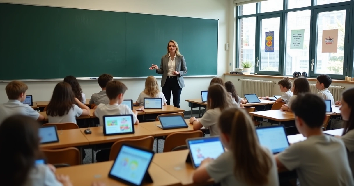Professora ensina com lousa e alunos usando tablets 