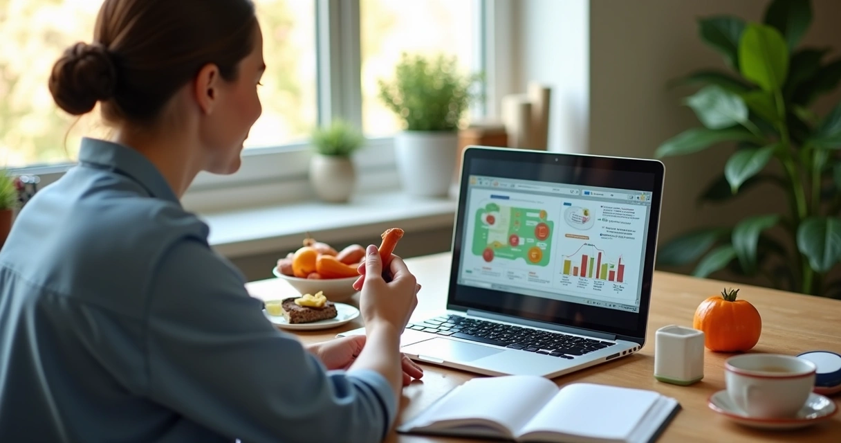 Nutricionista assistindo aula online de IA em nutrição, notebook na mesa. 