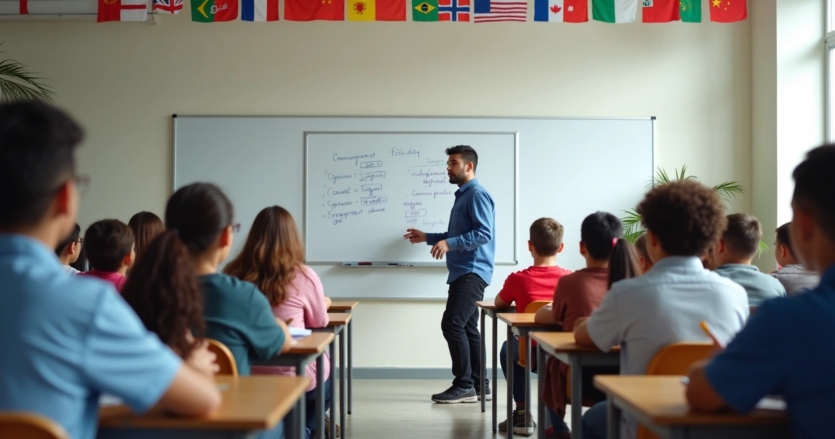 Aula de idioma com estudantes internacionais e professor ao quadro