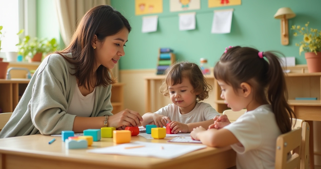 Docente acompañando a niños en un aula infantil