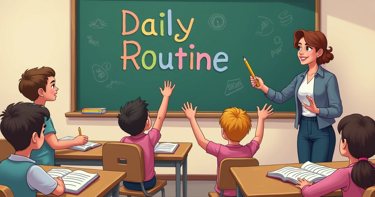 Alunos escrevendo sobre rotina diária na aula de inglês 
