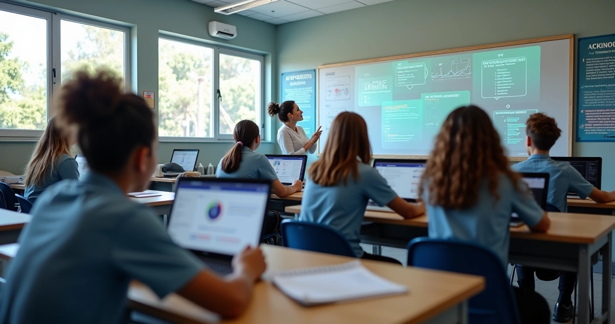 Sala de aula moderna com estudantes do ensino médio aprendendo sobre inteligência artificial em computadores 