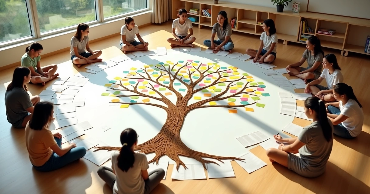 Estudiantes formando un árbol de ideas con notas de colores en el suelo de un aula 
