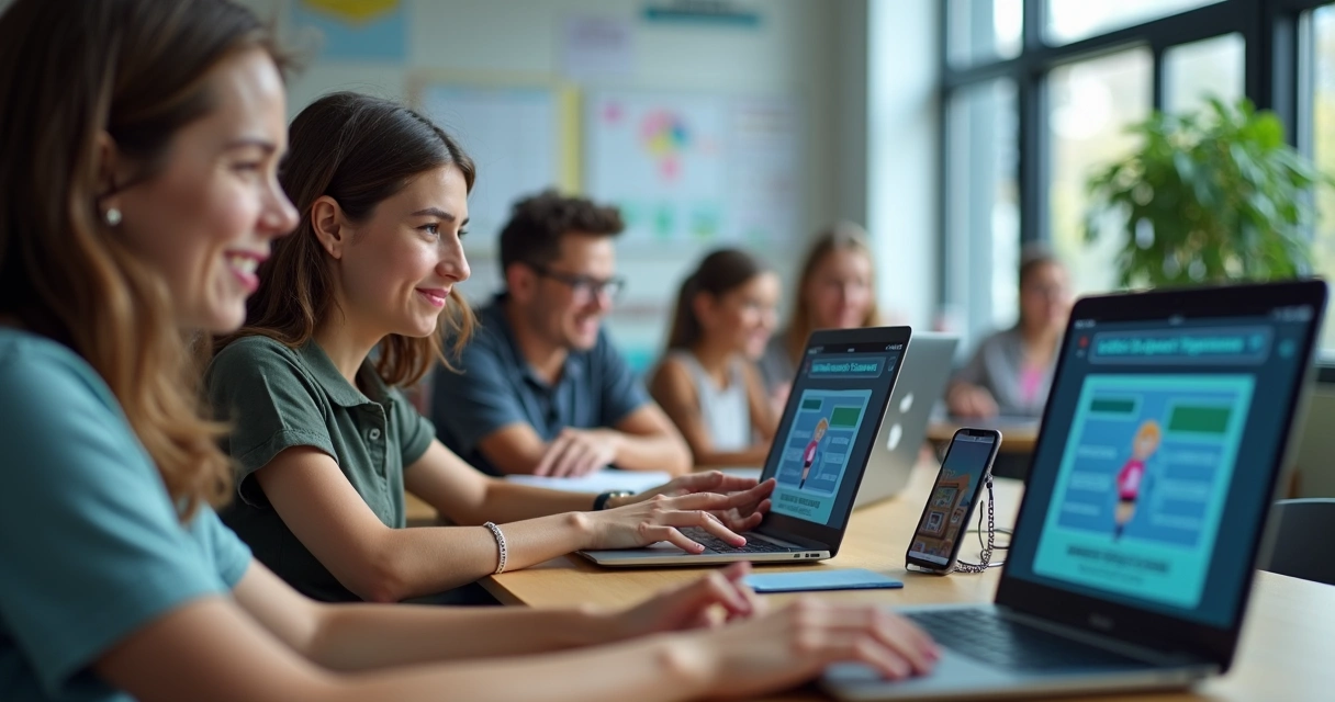 Alunos assistindo a uma videoaula interativa em seus dispositivos. 