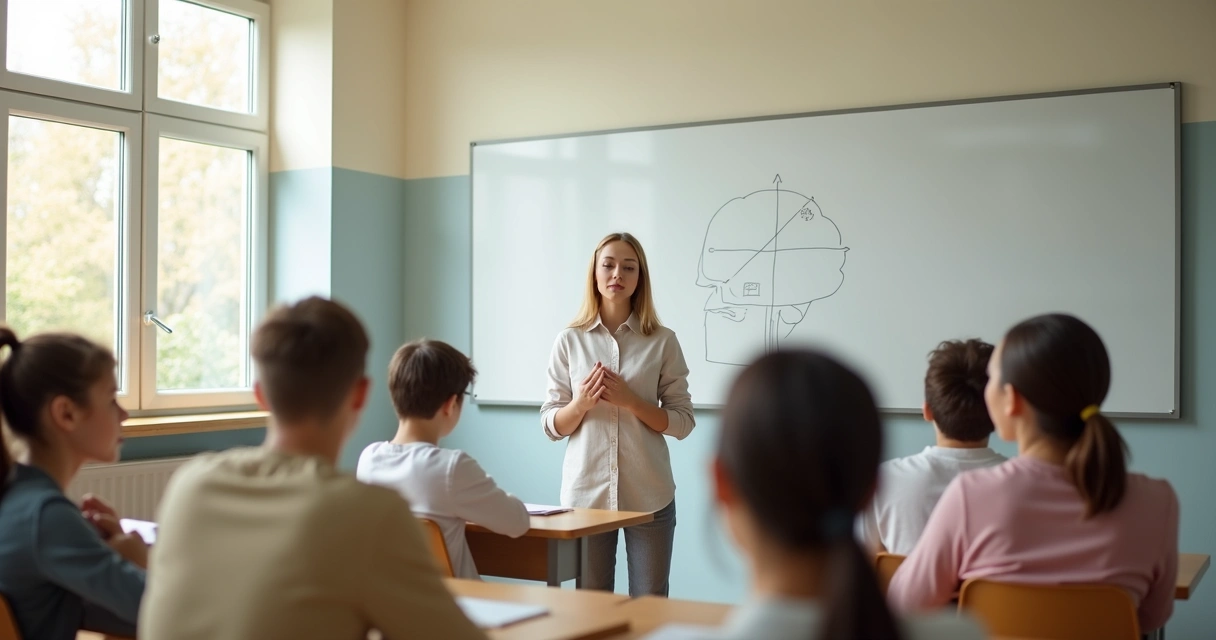 Docente calmado guiando a estudiantes en técnica de respiración en el aula 