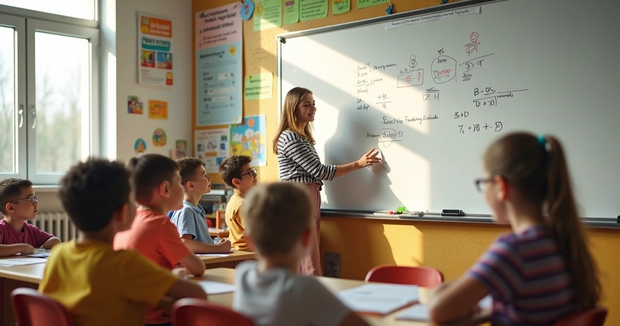 Alunos resolvendo problemas de matemática em inglês na sala de aula 
