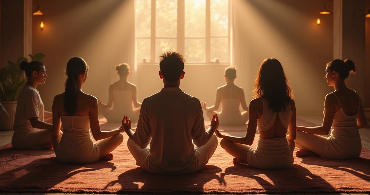 Grupo de pessoas sentadas em roda, praticando meditação energética em ambiente iluminado e aconchegante