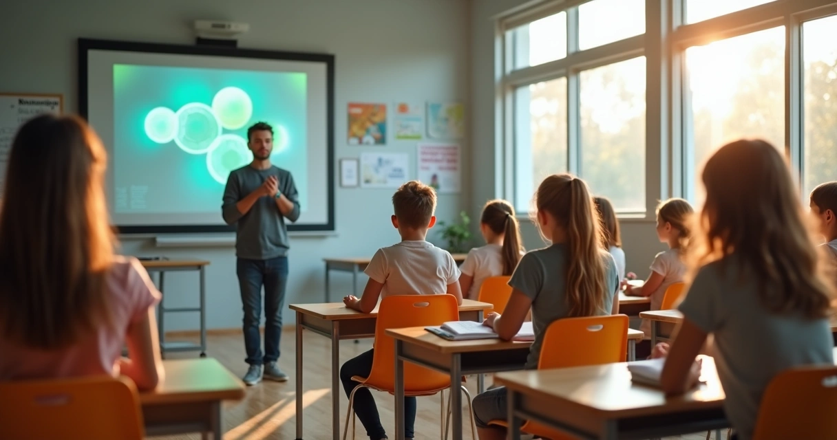 Estudiantes sentados en aula luminosa practicando meditación guiada 