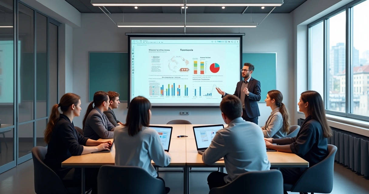 Sala de aula moderna com lousa digital mostrando gráficos 
