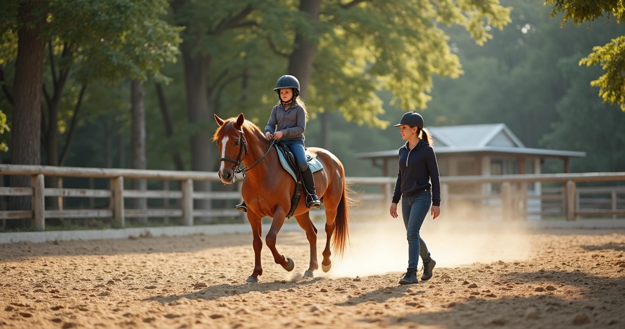 Aluno iniciante montando cavalo com instrutor ao lado em pista de areia 