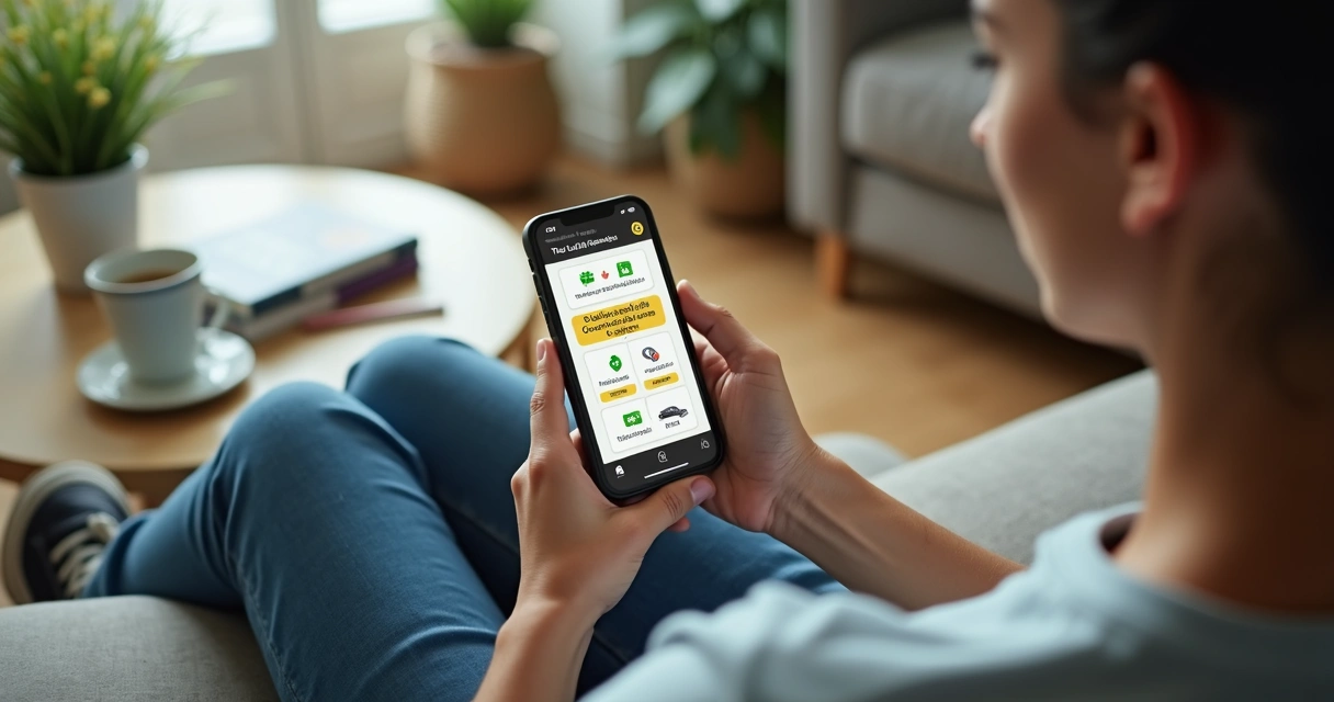 Aluno estudando no aplicativo do governo brasileiro para CNH, sentado em sofá, tela do celular com conteúdo de trânsito visto de perto 