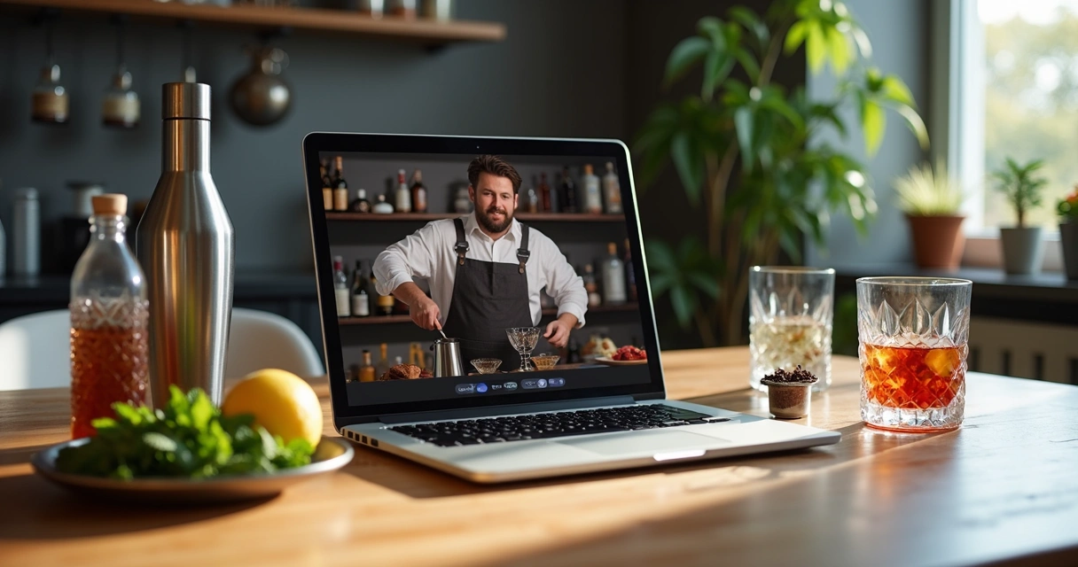 Setup para aula online de coquetelaria com shaker, laptop e ingredientes 