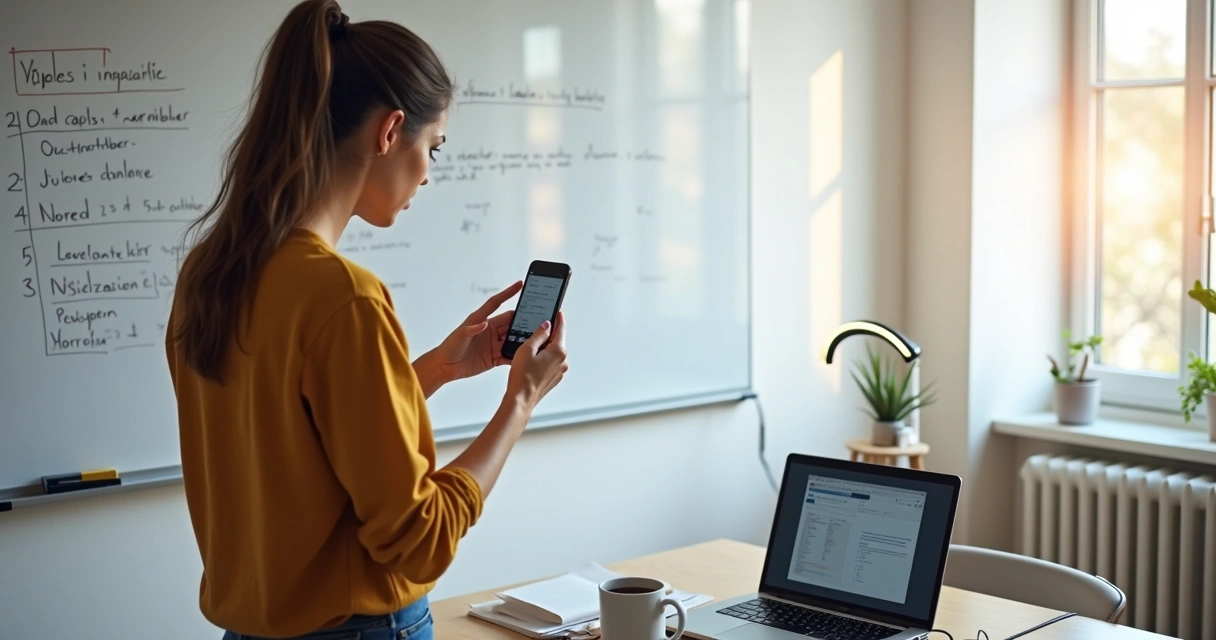 Mulher gravando aula em vídeo com celular e lousa ao fundo 