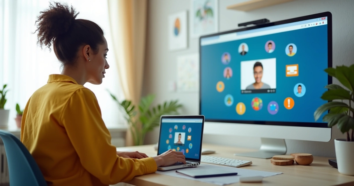 Professor ministrando aula online com notebook e tela de recursos EAD ao fundo 